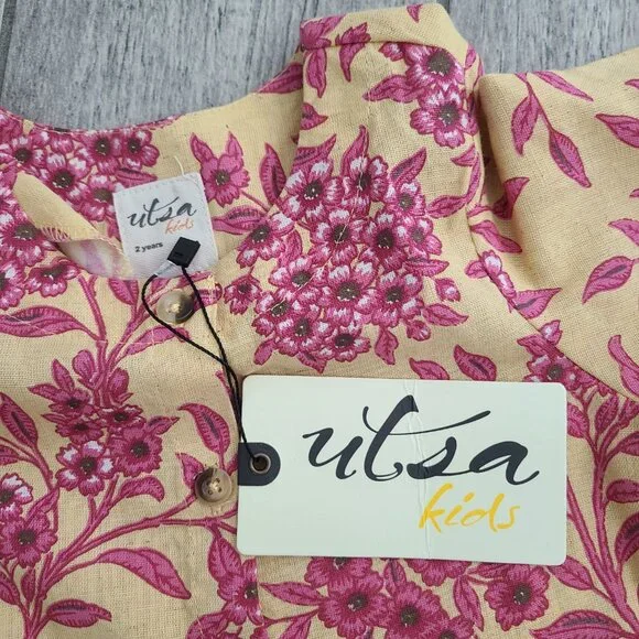 Utsa Kids Yellow Pink Floral Eyelet Bell Sleeve Dress 2Y NWT - Picture 6 of 8